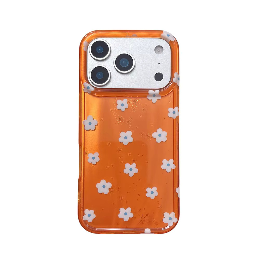Stoßfeste Handyhülle für iPhone 17, 16, 15 und 14 Pro Max mit glänzendem orangefarbenem Hintergrund und weißen Blumenmustern - Bild 6