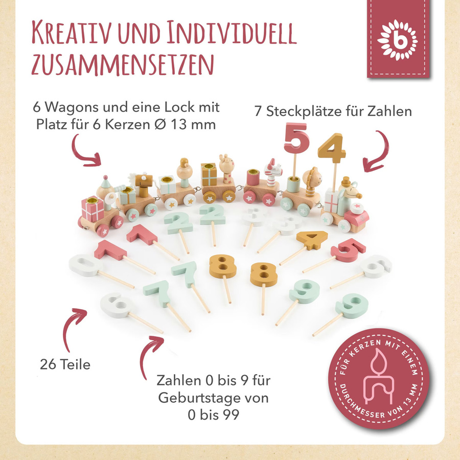 Bieco Geburtstagszug Holz Berry Look, mit 6 Kerzen - Bild 1
