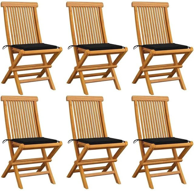 6er Set vidaXL Gartenstühle aus Teakholz mit schwarzen Kissen in Braun - Bild 1