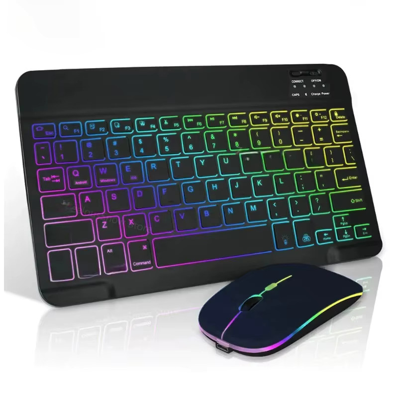 Kebidumei Mini-RGB-Bluetooth-Tastatur mit Hintergrundbeleuchtung und 2,4 G Maus für Tablet, Handy, Windows, Android und iOS in Schwarz und Multicolour - Bild 1