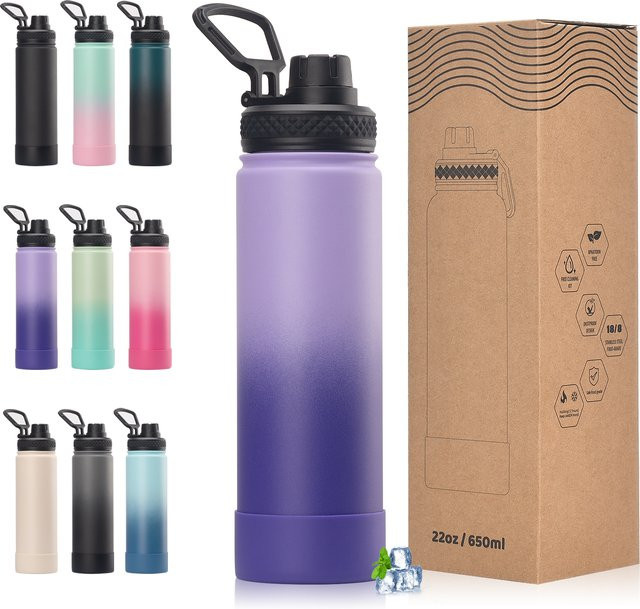 WATERSY Doppelwandige Thermoflasche aus Edelstahl mit Griff, Isolierflasche für Sport und Freizeit, Blau, 650 ml - Bild 1