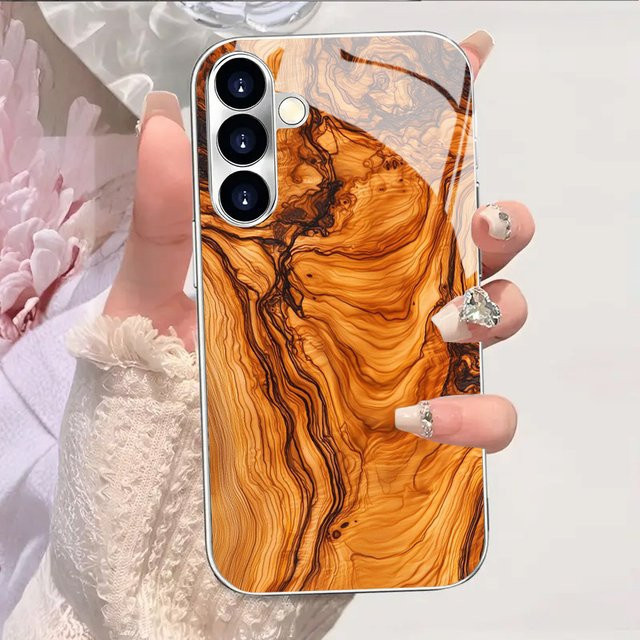 Stoßfeste Handyhülle mit Glasrückseite und Holzmaserung für Samsung Galaxy S26 S25 S24 S23 S22 S20 FE Ultra Plus in Braun und Silber - Bild 1