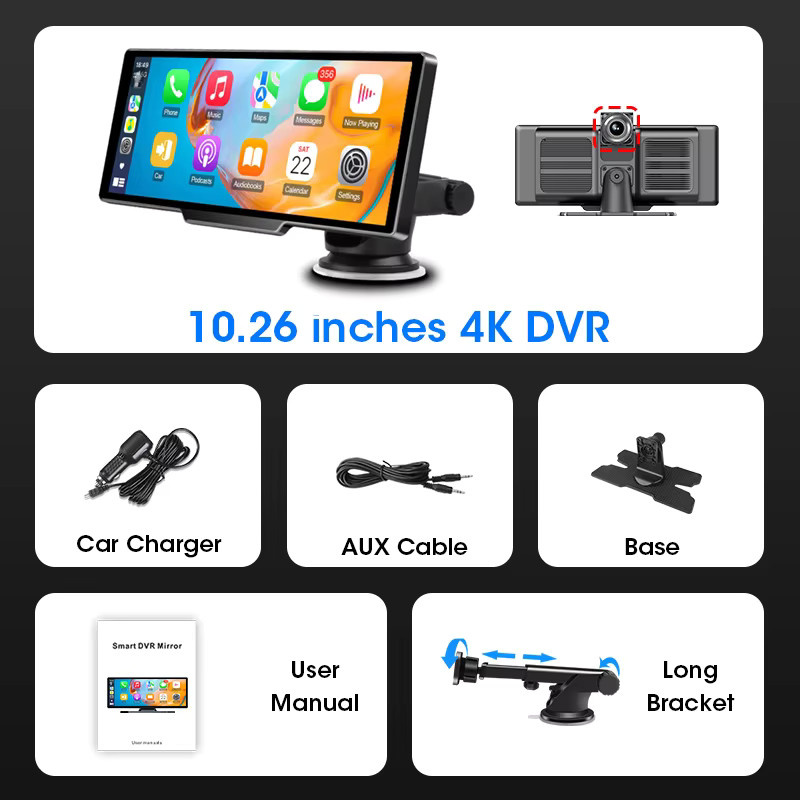 Srnubi 10,26 Zoll Carplay und Android Auto Monitor mit 4K Dashcam, Multimedia Player und Rückfahrkamera in Schwarz - Bild 7