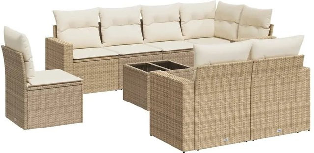 vidaXL 9-tlg. Garten-Sofagarnitur in L-Form aus Poly-Rattan mit Kissen in Beige und Cremeweiß - Bild 1