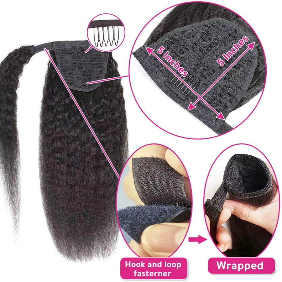 mayfive Kinky Straight Pferdeschwanz Echthaar, Wellenförmiger Yaki-Pferdeschwanz, Naturschwarz - Bild 4