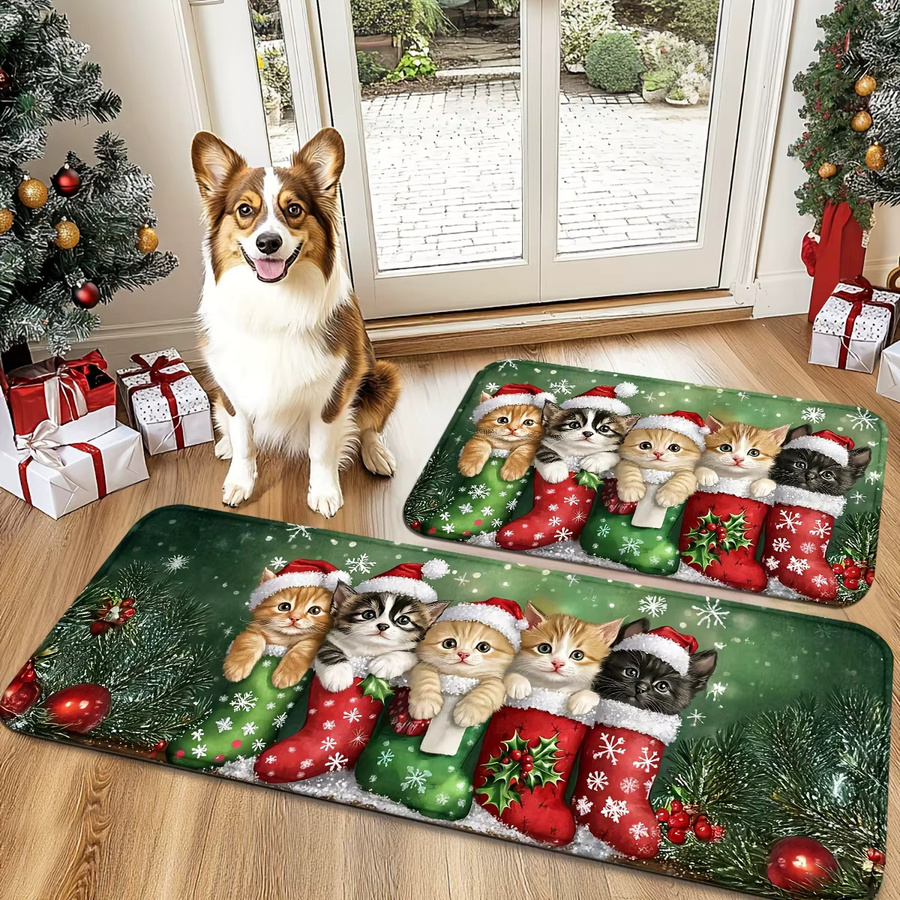 VIKAMA Weihnachtsteppich mit Kätzchen-Motiv, weiche Bodenmatte für Wohnzimmer und Schlafzimmer, Mehrfarbig, B: 75 cm, T: 45 cm - Bild 5