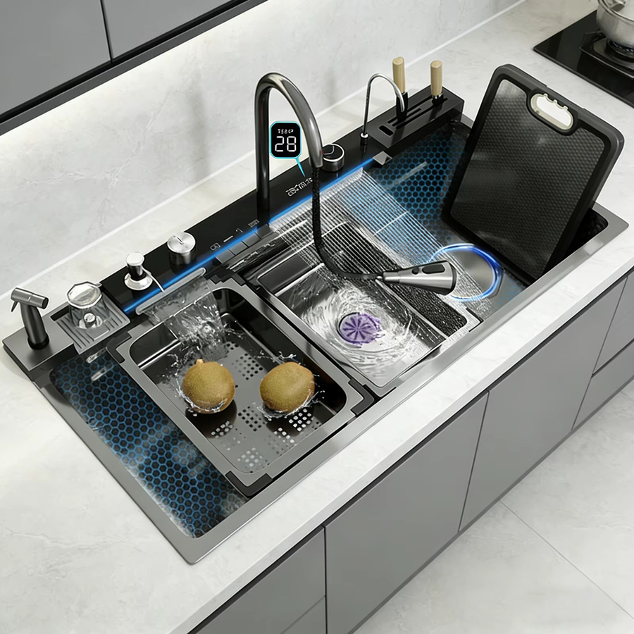 TELISIYA Edelstahl Multifunktionale Küchenspüle mit Digitalanzeige, Wasserfall-Funktion und Klaviertasten-Design in Silber - Bild 2