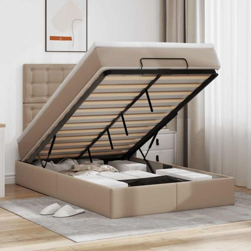 vidaxl Ottoman Polsterbett mit Matratze und LED in Kunstleder, B/T/H: 120 x 190 x 118 cm, Braun oder Beige - Bild 1