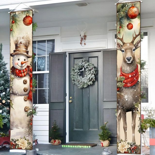 VIKAMA Weihnachts Türbanner mit Schneemann und Hirsch für Indoor und Outdoor als Willkommensschild zur Weihnachtsdekoration - Bild 1