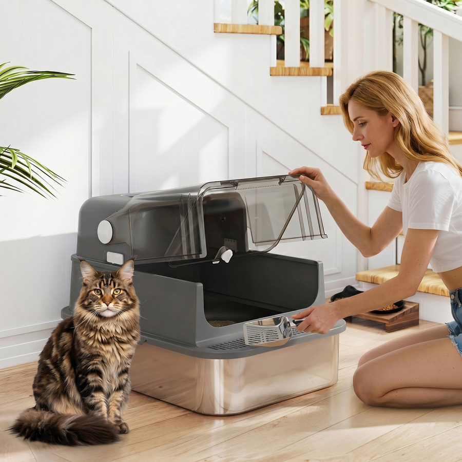 PawHut Katzenklo aus Edelstahl mit Deckel und Doppeltüren in Silber und Schwarz, XXL 52L Katzentoilette für große Katzen und Mehrkatzen mit Pedal und Schaufel - Bild 2
