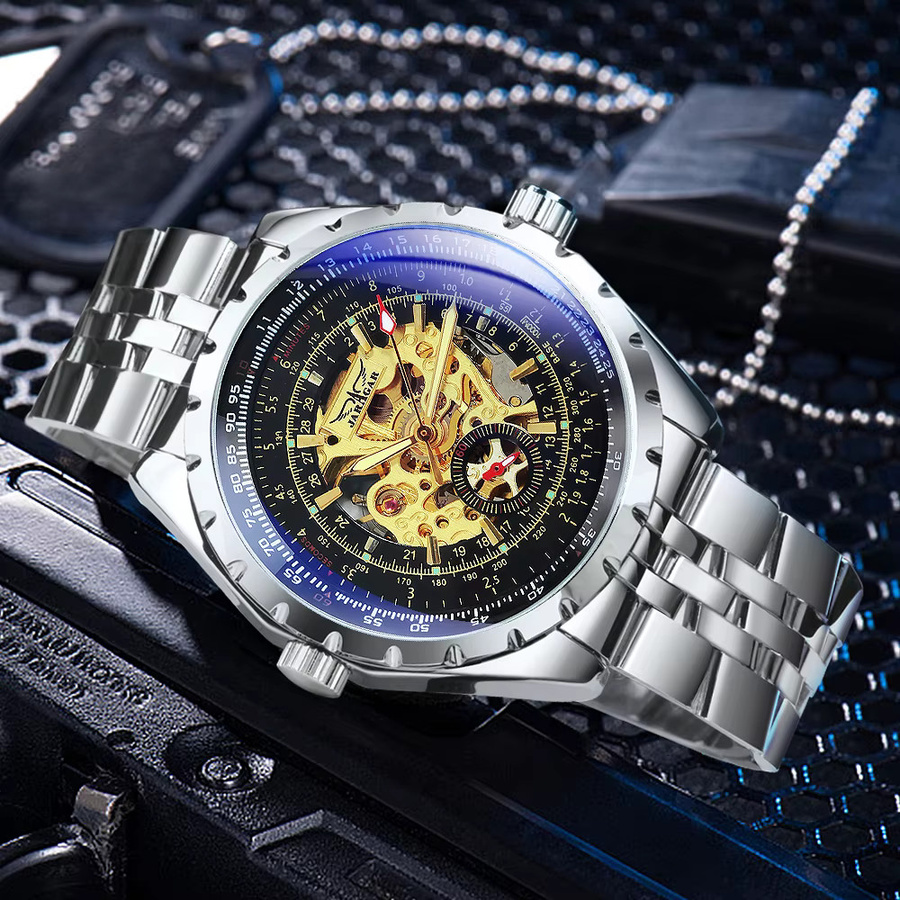 JARAGAR Armbanduhr Automatik, Skelett, Edelstahl, Leder, Herren - Bild 4