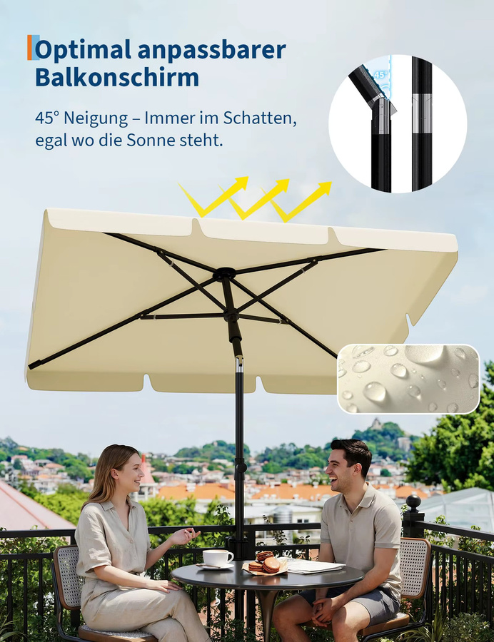 HiMISS Balkon-Sonnenschirm rechteckig mit UV50+ Schutz, neig- und höhenverstellbar, B/H/T: 200 x 230 x 125 cm, in Grau oder Beige - Bild 3