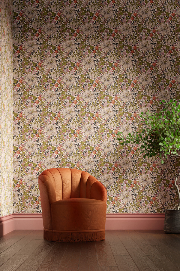 Morris & Co. Tapete Golden Lily in Espresso – Florales Art Nouveau Design in Braun und Multicolour - Bild 1