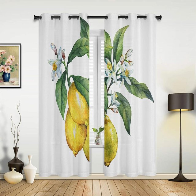 Yiran Furniture Vorhang mit Zitronen-Motiv in Gelb und Weiß, modern und halbtransparent, Breite: 135 cm, Höhe: 135 cm - Bild 1