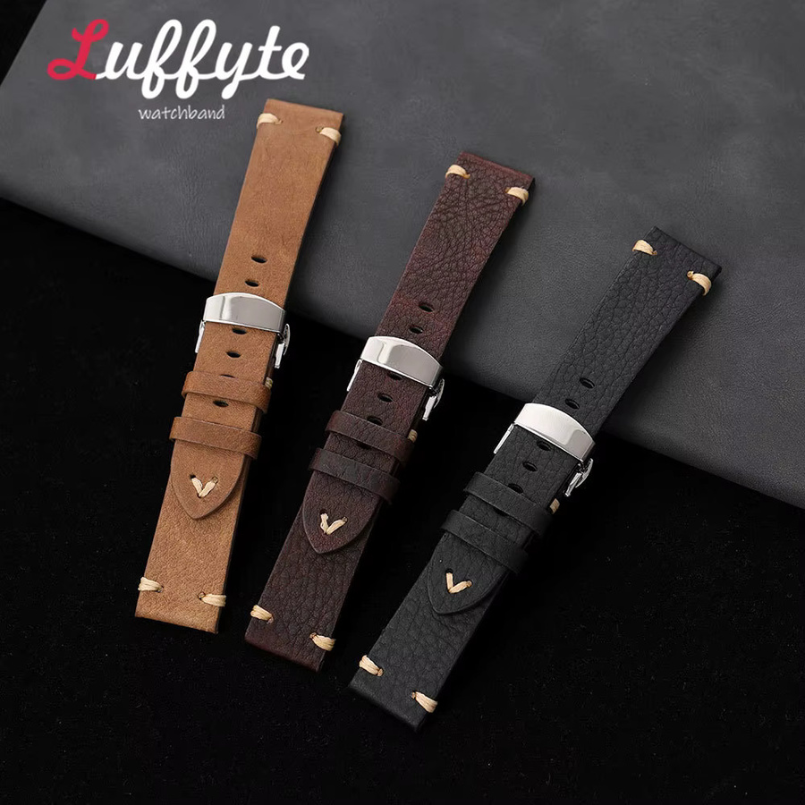 luffyte Uhrenarmband Leder, Lychee-Textur, Schmetterlingsverschluss Edelstahl, Schwarz, Herren - Bild 2