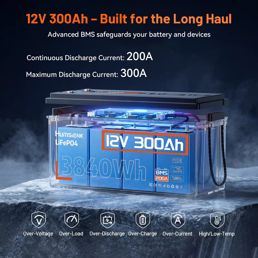 Humsienk LiFePO4 Batterie 12V 300Ah mit 3968Wh Energie und 200A BMS aus Grade A+ Zellen in Schwarz - Bild 6