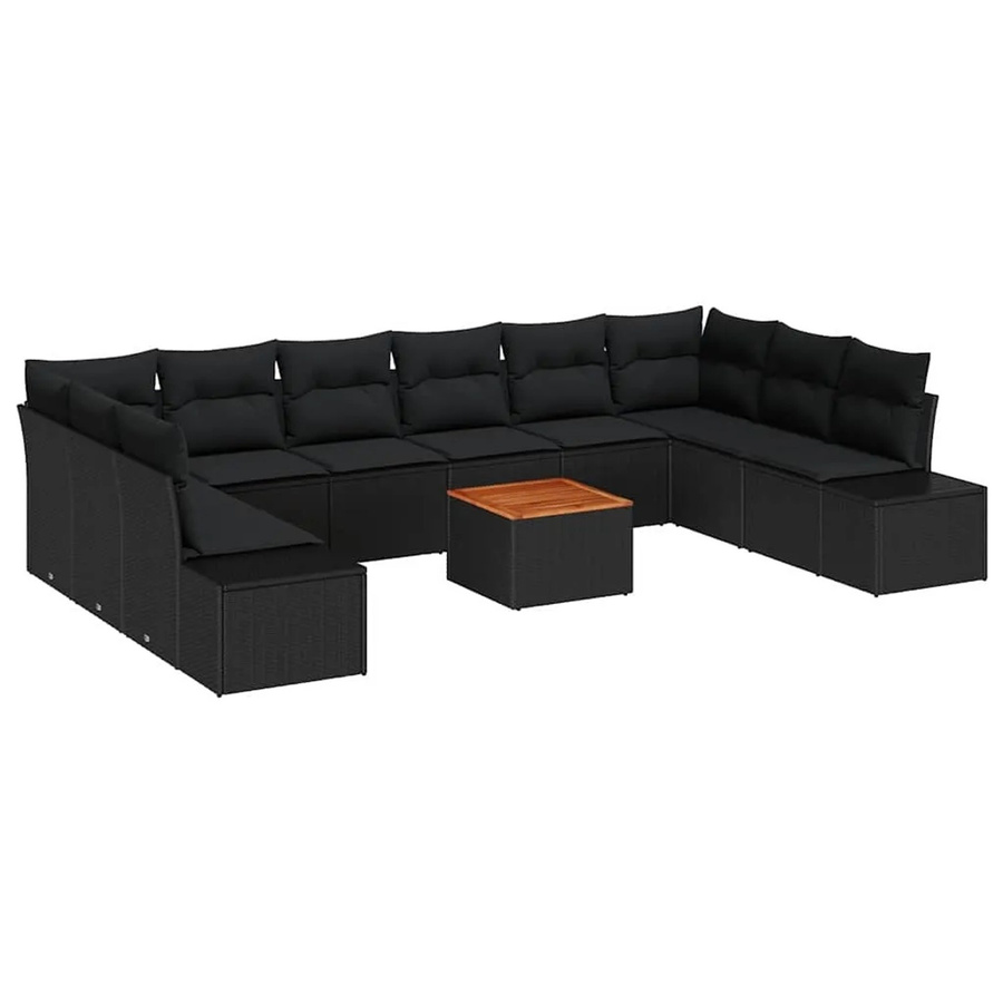 vidaXL Garten-Sofa-Set aus Poly-Rattan in Schwarz mit Kissen und Tisch, 11-teiliges U-Shape Lounge-Set mit Stahlrahmen und Akazienholz - Bild 2