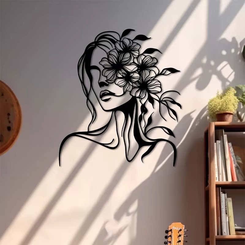 CIFBUY Handgefertigte Metall-Wandkunst mit botanischem Blumenmuster und geometrischen Elementen in Schwarz-Weiß als moderne horizontale Wandskulptur für Innen- und Außenbereiche - Bild 5