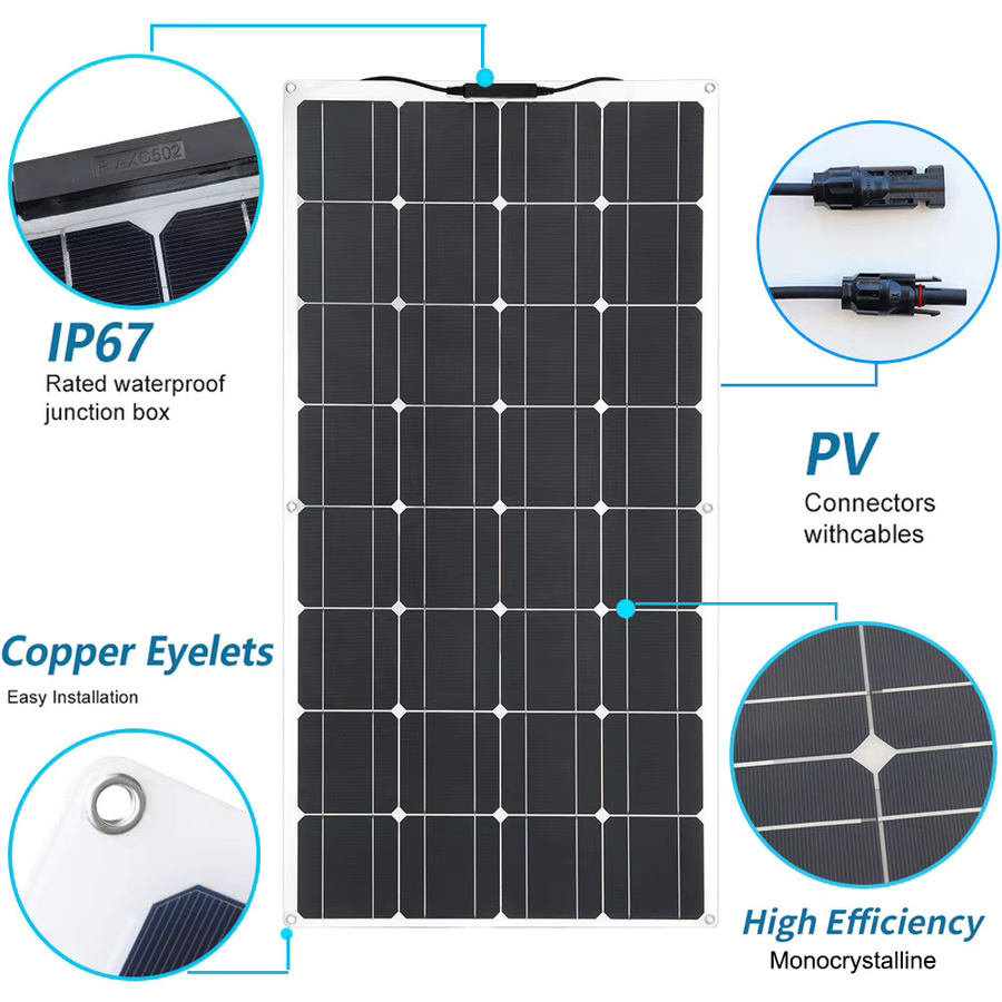 XINPUGUANG Flexibles Monokristallines Solarpaneel 100W für 12V und 24V Batterieladegeräte, Schwarz - Bild 4