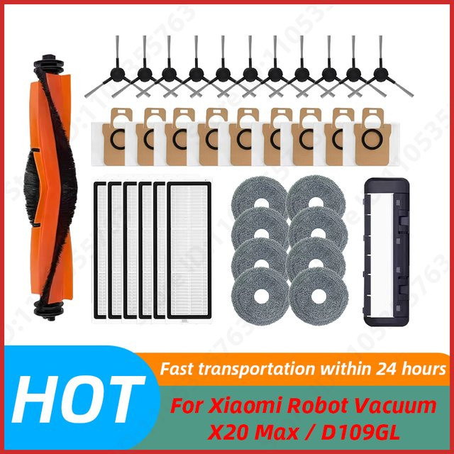 QIXIAO Ersatzteil-Set für Xiaomi Roboterstaubsauger X20 Max und D109GL mit Hauptbürste, Seitenbürste, Hepa-Filter, Wischtuch und Staubbeutel - Bild 1