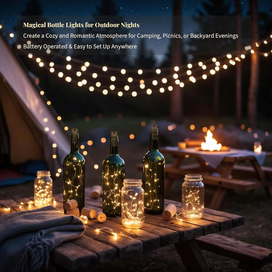 Peach Forest LED Korklichter mit 20 warmweißen LEDs, batteriebetrieben, wasserdichte Feen-Lichterkette aus Kupfer für Weinflaschen und DIY-Gläser zur Schlafzimmerdekoration - Bild 3