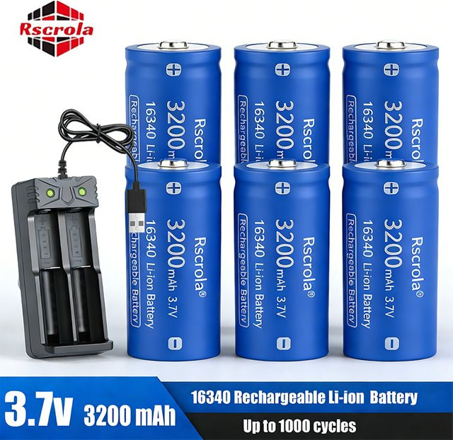 Rscrola Li-Ionen-Akku 16340 mit USB-Ladegerät, 3,7 V, 3200 mAh, Blau - Bild 1