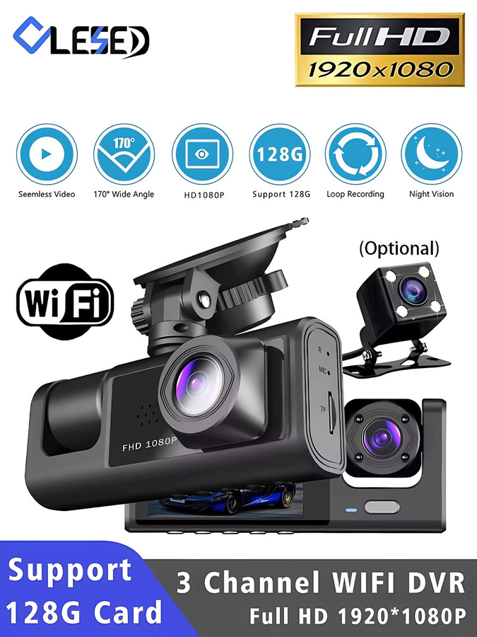 OLESED 3-Kanal WLAN Dashcam mit Innenraumkamera, FHD 1080P Auto-DVR Recorder, Schwarz - Bild 7
