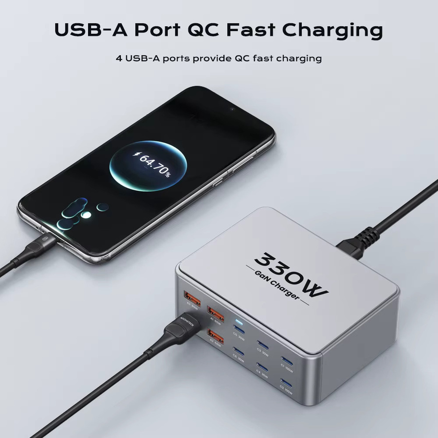 TOPZERO 330W Multi-Port GaN Desktop-Schnellladestation in Silber mit USB-C PD3.0 PPS QC3.0 für Laptop, iPhone 15 16, Samsung und Macbook Pro - Bild 4