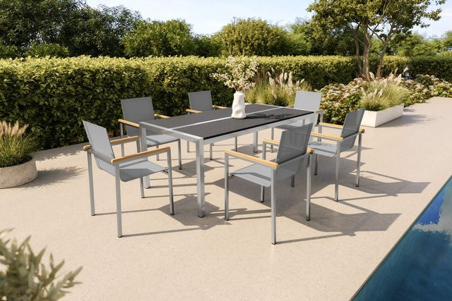 OUTFLEXX Garten-Essgruppe aus Edelstahl und Keramik in Silber/Grau mit Tisch und 6 Stühlen, Tisch Breite: 200 cm, Tiefe: 100 cm - Bild 1