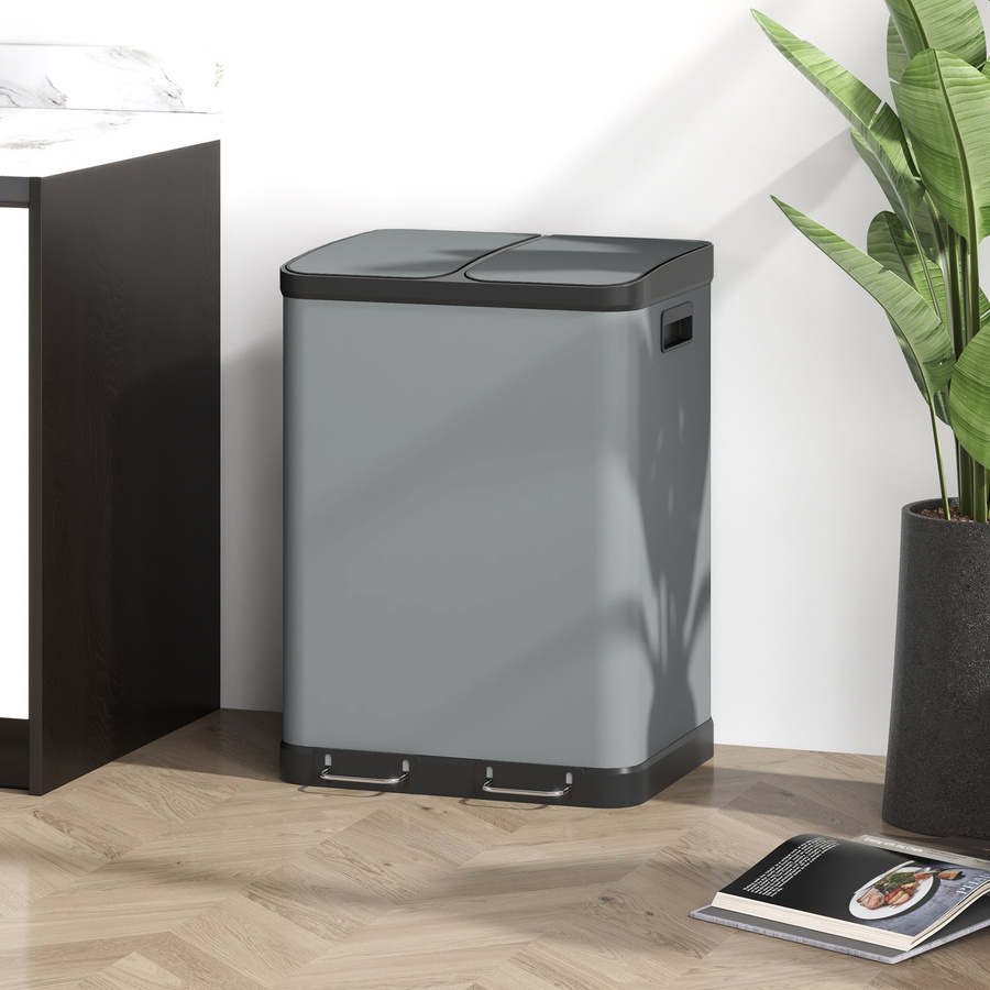 HOMCOM Mülleimer Set aus Metall in Grau mit 2x30L Volumen, Treteimer mit Deckel, Fußpedal und Inneneimern, B/T/H: 48,8 x 39,5 x 67 cm - Bild 2