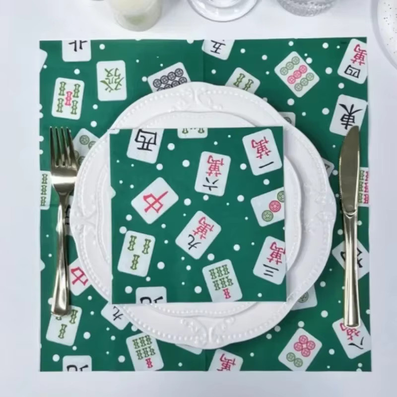 20 Stück GUANYAO Servietten mit chinesischem Mahjong-Print in Grün, 33 cm, 2-lagige dekorative Party-Papier-Servietten im orientalischen Design - Bild 2