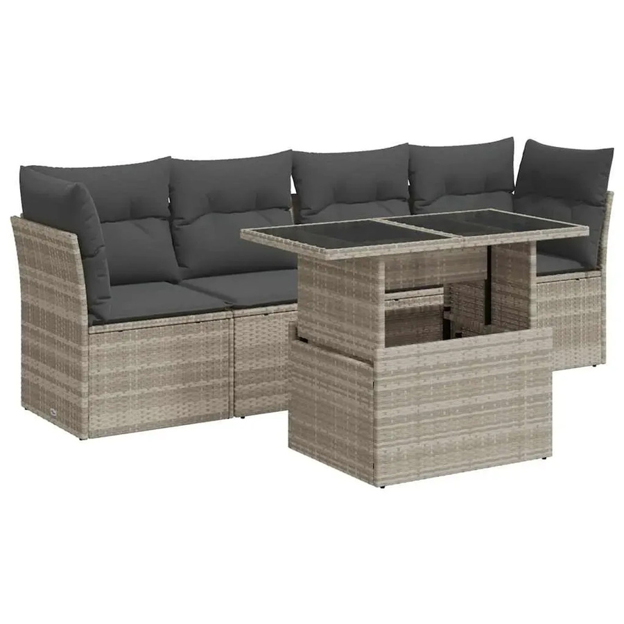 vidaXL 5-teilige Garten-Sofagarnitur in L-Form aus Poly-Rattan in Hellgrau mit Tisch und Polsterkissen - Bild 2