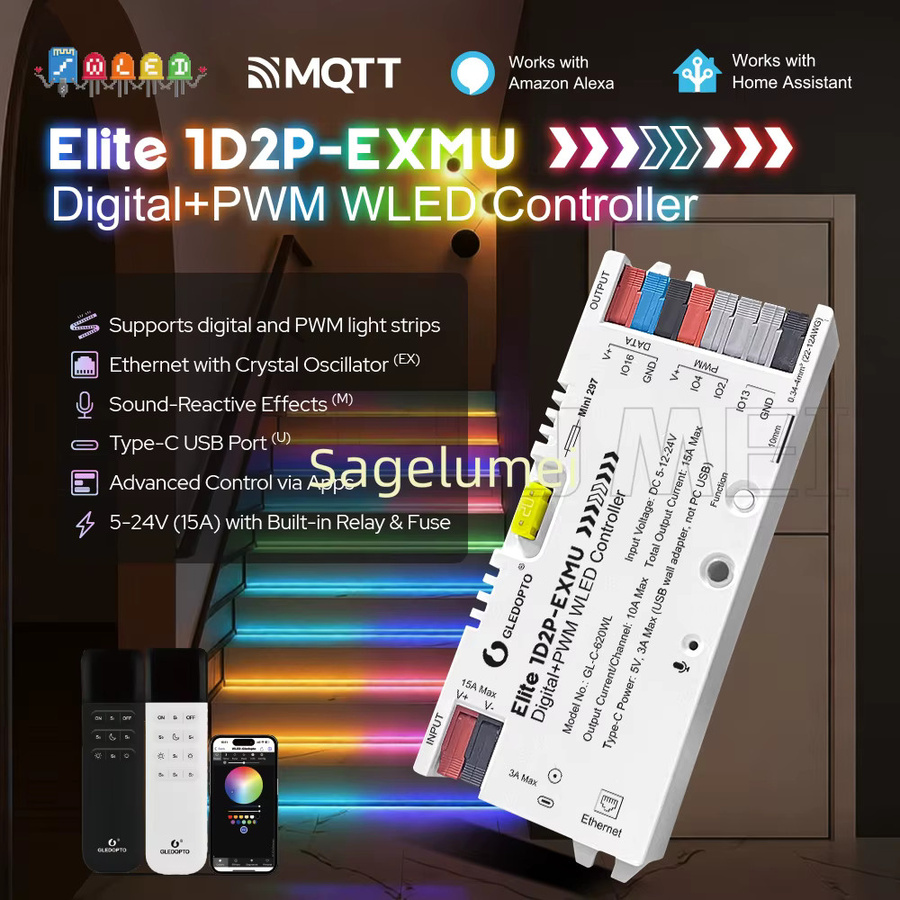 WLED Controller Elite 1D2P-EXMU GL-C-620WL mit integriertem Relais und Sicherung, Ethernet und USB Typ-C für digitale RGBIC PWM und einfarbige CCT LED-Streifen in Weiß - Bild 2