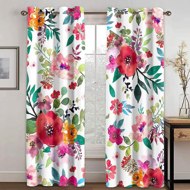 Stilvolle Vintage Fenstervorhänge mit scharlachrotem Rosenmuster, halbtransparent, 2er-Set, B: 60 cm, H: 150 cm - Bild 1