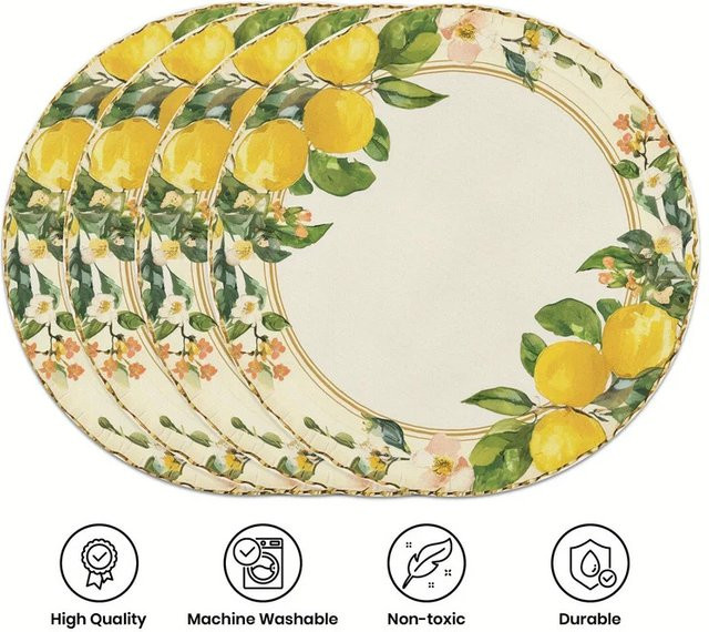 VIKAMA 4-teiliges rundes Tischset aus Leinen mit mediterranem Zitronenmuster in Multicolour, Durchmesser: 38 cm - Bild 1