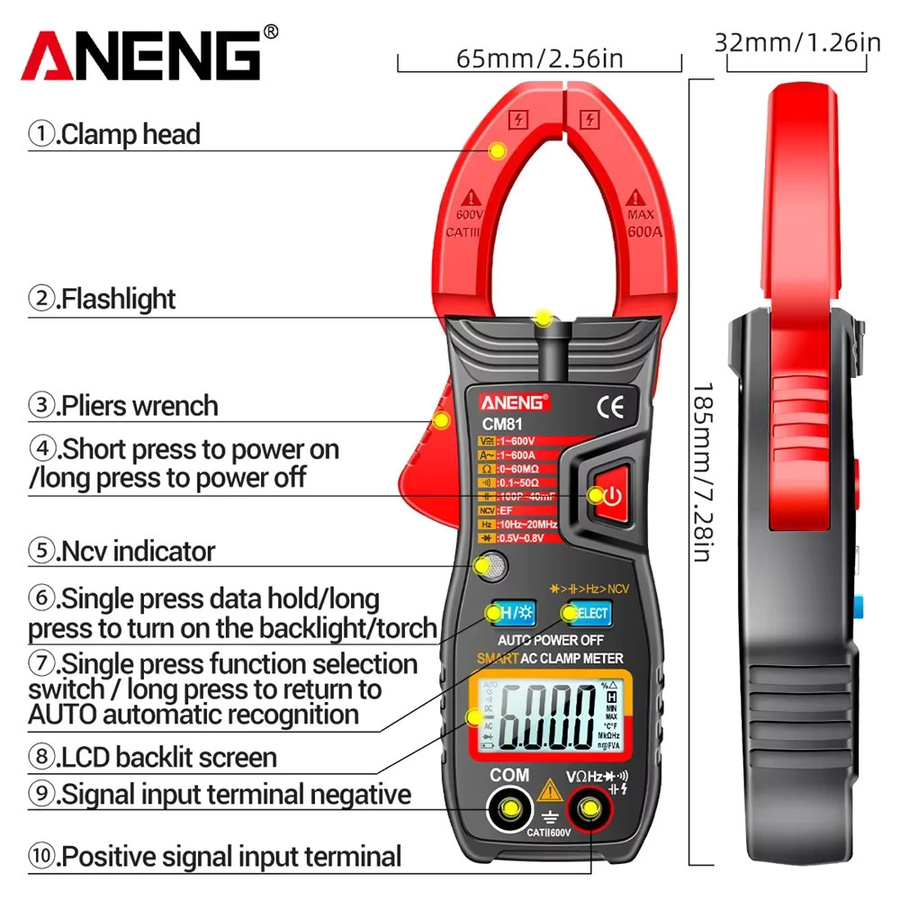 ANENG Zangenmessgerät Multimeter CM81 600A und CM80 500A für AC/DC Spannung, Widerstandsmessung, Diode und NCV berührungslose Messung - Bild 6