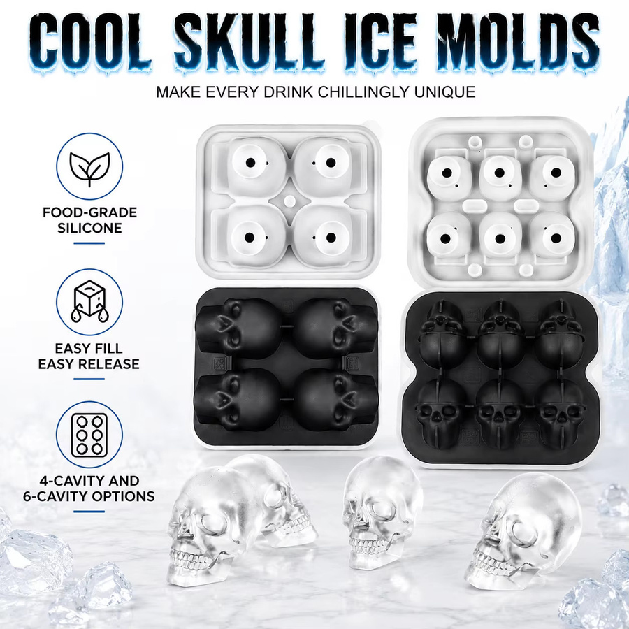 PGY 3D-Silikon-Eiswürfelform mit Totenkopf-Motiv in Schwarz und Grau für Halloween-Partys und Cocktails - Bild 2