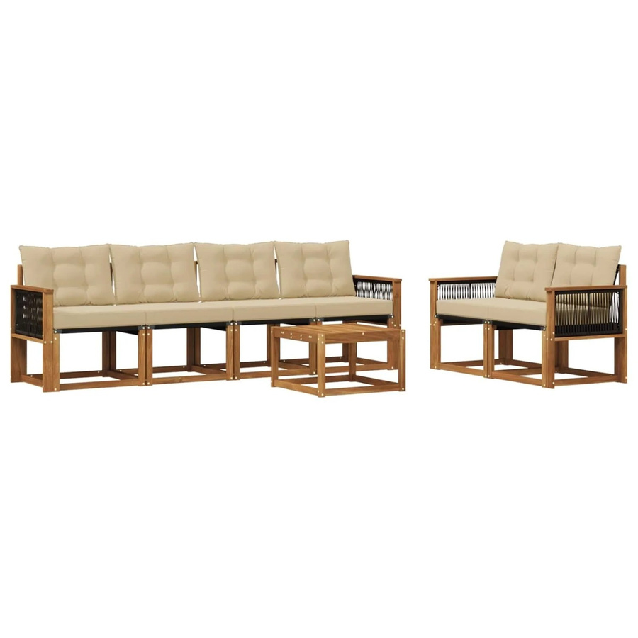 vidaXL Outdoor-Sofagarnitur aus Akazienholz und Textilene in Natur und Beige mit 7-teiligem Set inklusive Kissen und Tisch - Bild 2
