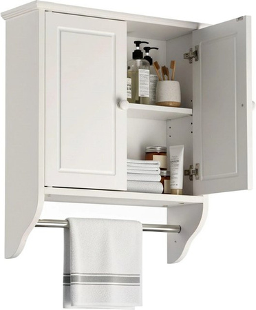Relaxdays Bad Hängeschrank aus MDF mit Handtuchstange in Weiß und Edelstahl im Landhausstil, B/H/T: 55 x 48 x 16 cm