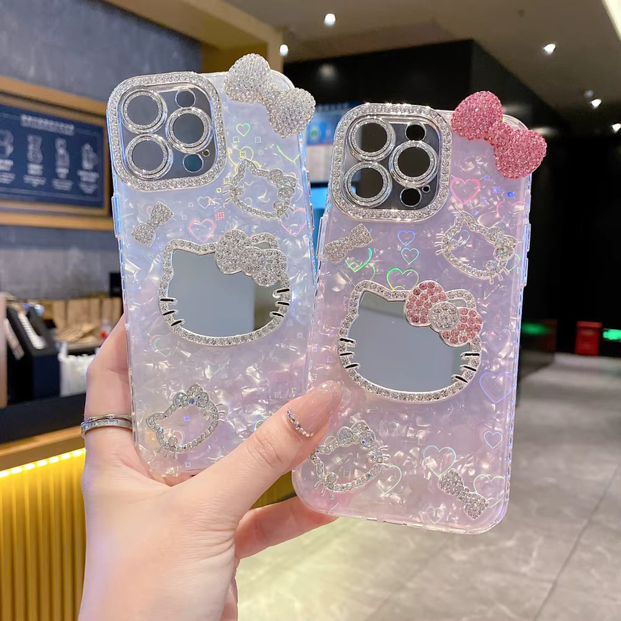 Sanrio Hello Kitty Handyhülle mit 3D-Cartoon-Design und Make-up-Spiegel für iPhone 11 bis iPhone 16 Pro Max, stoßfeste Hartschale mit Glitzer-Effekt - Bild 1