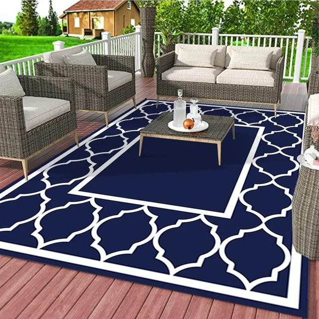 Moderner Outdoor Teppich mit geometrischem Muster in Blau, rutschfest und waschbar, B/T: 120 x 180 cm - Bild 1