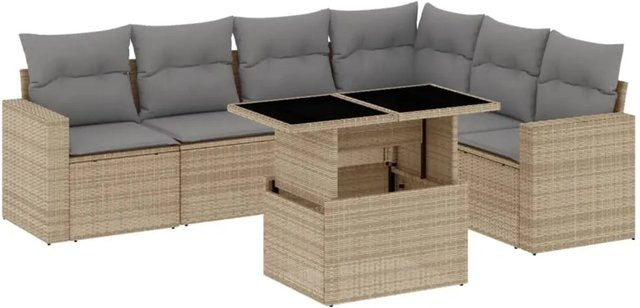 vidaXL 7-tlg Garten-Sofagarnitur in L-Form aus beigem Poly-Rattan mit wetterfesten Kissen und pulverbeschichtetem Stahlgestell - Bild 1