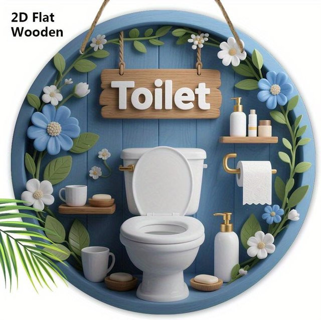 Rustikales Holz-Toilettenschild von Drasawee in Blau mit Blumenornamenten, Durchmesser: 20 cm - Bild 1