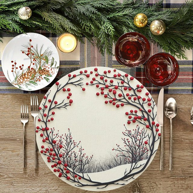 VIKAMA 4er Set Tischsets aus Leinen im nordischen Design mit Schneelandschaft und roten Beeren, rund, Mehrfarbig - Bild 1