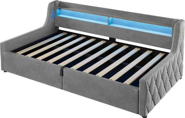 Merax Samtbett Grau mit LED-Unterbettbeleuchtung und hydraulischem Stauraum B/T/H: 90 x 200 x 105 cm - Bild 1