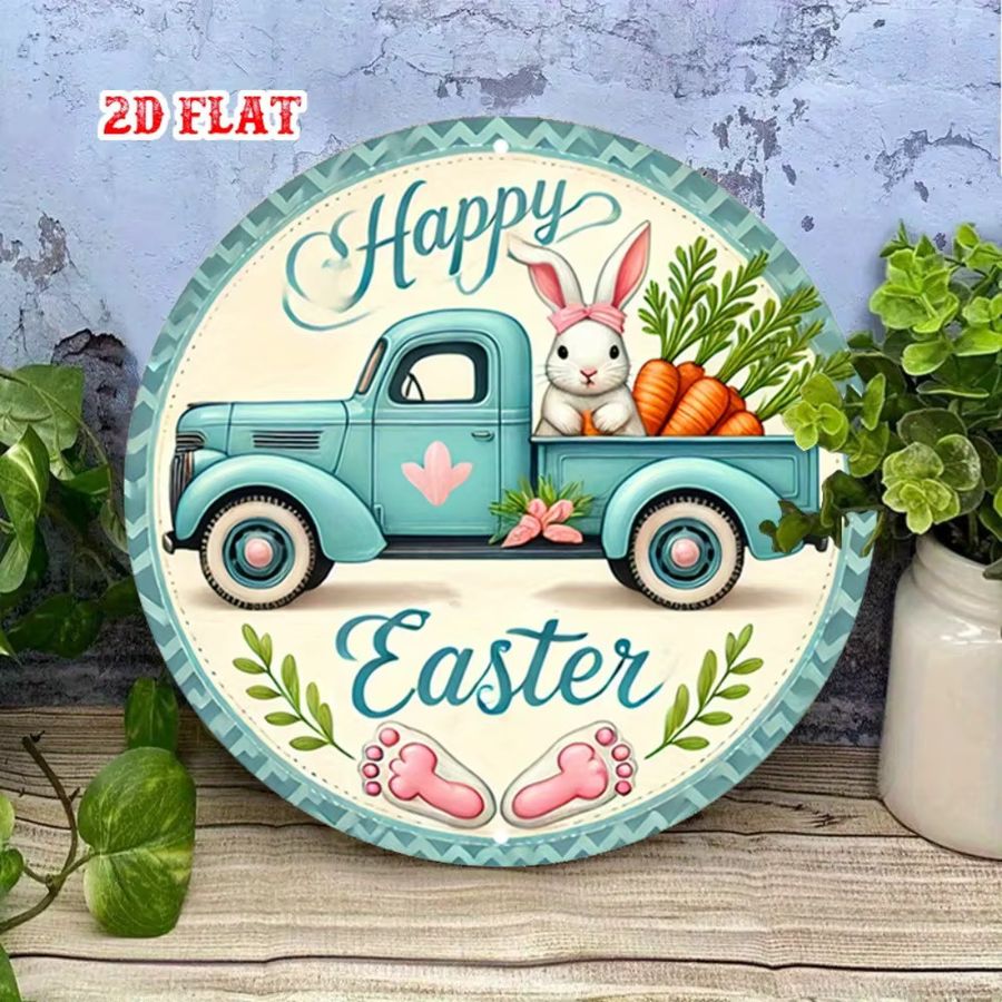 CIFBUY Vintage Ostern Wandschild aus Aluminium in Türkis mit Kaninchen und Blumenmuster, rundes Metall Poster zur Wandmontage - Bild 2