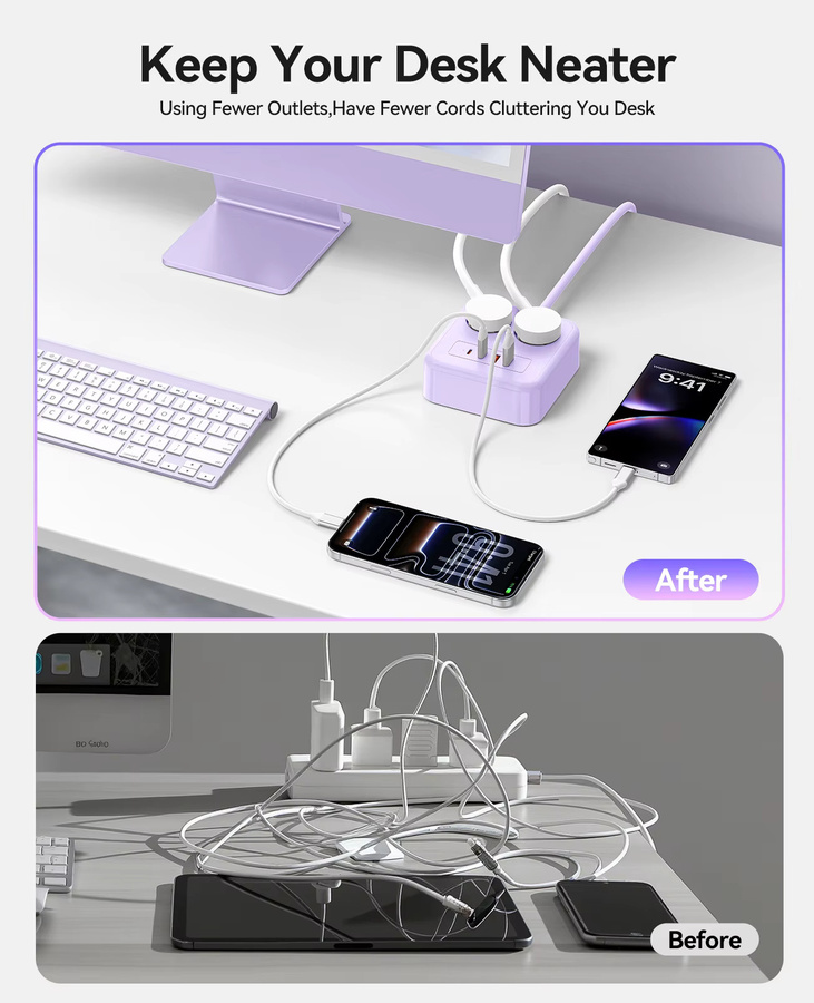 ORICO Desktop-Steckdosenleiste mit PD 20W Schnellladung, USB-C und USB-A Ladestation in Lila - Bild 3
