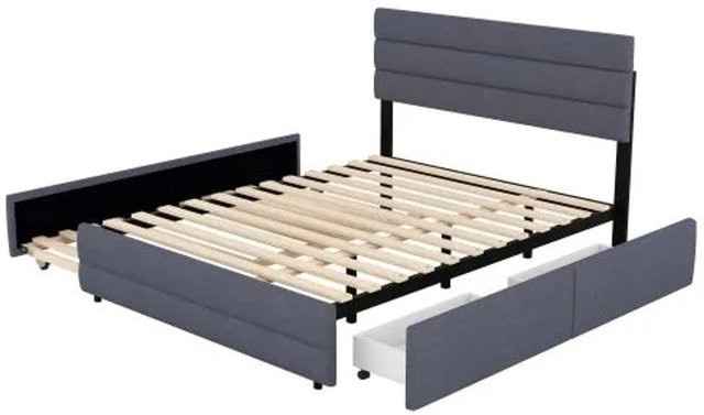 KOMHTOM Plattfürmbett mit Stauraum und zwei Schubladen aus Leinen und MDF in Grau, B/T/H: 140 x 200 x 115 cm - Bild 1