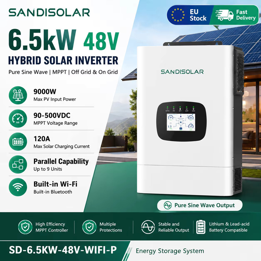 SANDISOLAR Hybrid-Solarwechselrichter 48V mit reiner Sinuswelle und MPPT 90-500VDC, 9000W PV-Eingang, Farbe: Weiß - Bild 3