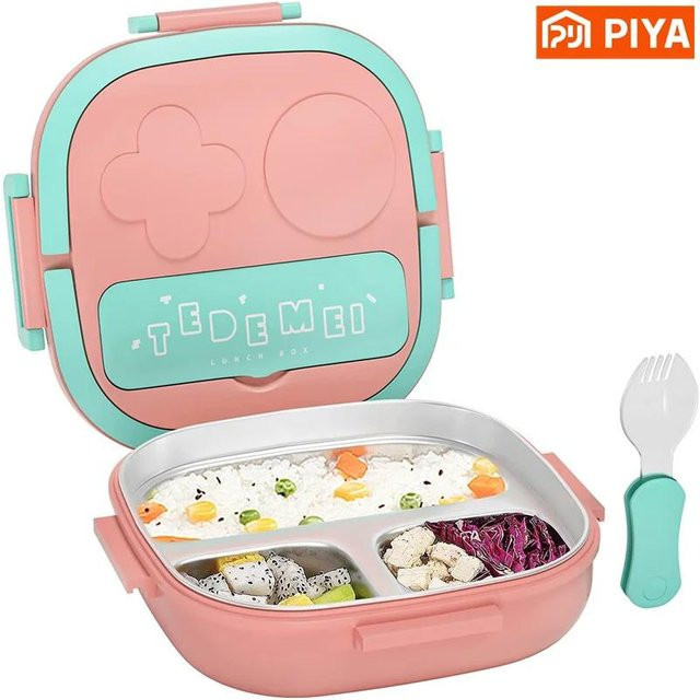 Yiran Furniture Edelstahl Bento Box Isolierte Lunchbox für Kinder in Pink oder Blau, 500 ml, auslaufsicher mit Trennfächern und Besteck - Bild 1